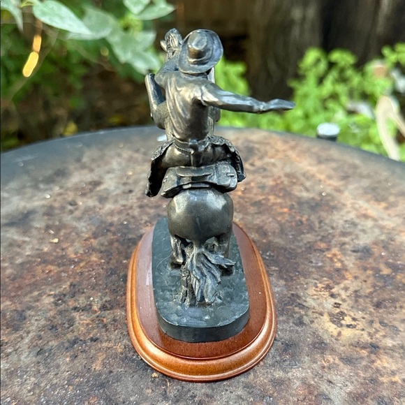 Statue of Cowboy and Bucking Bronco Equestrian Sculpture on wood base. 5 in x4.5 - Picture 4 of 7